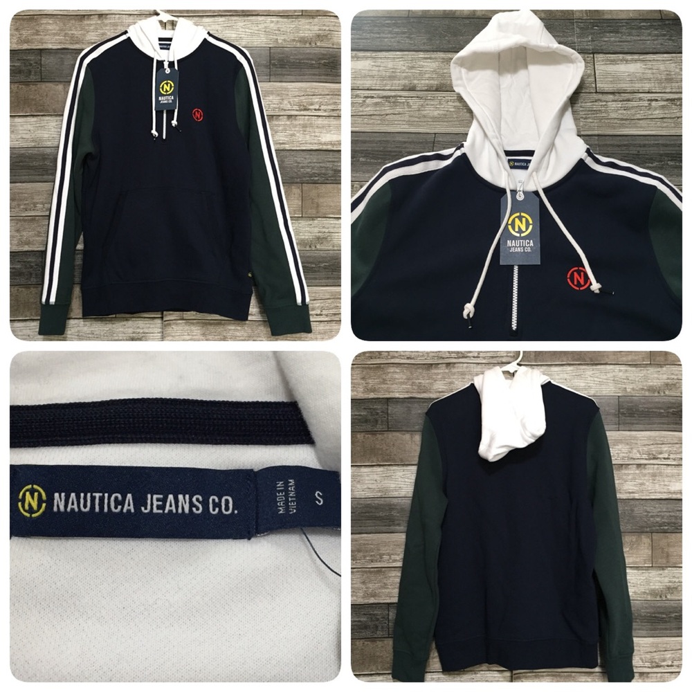 Nautica Color Block Hoodie Sweatshirt Men’s S Blue Green 1/2 Zip Fleece Pullover
